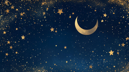 Naklejka premium Starry Night Background with Crescent Moon and Gold Stars