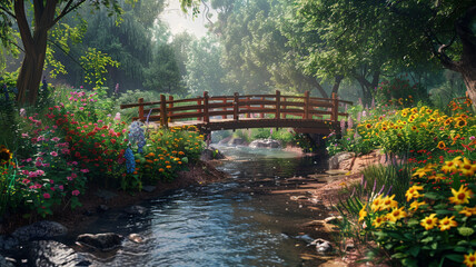 A picturesque wooden bridge stretches over a calm stream, surrounded by colorful wildflowers and verdant foliage, evoking a sense of serenity.
