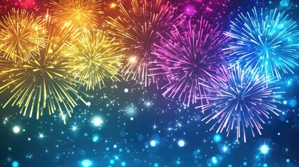Colorful Fireworks Background with Vibrant Lights and Sparkles Against Dark Sky, Vector Illustration for Celebration Greeting Card or Poster