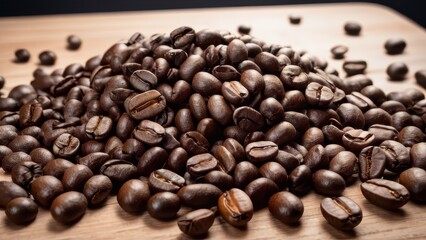 Fototapeta premium A close-up of freshly roasted coffee beans arranged in a pile, showcasing their rich color and texture, perfect for coffee lovers and culinary themes