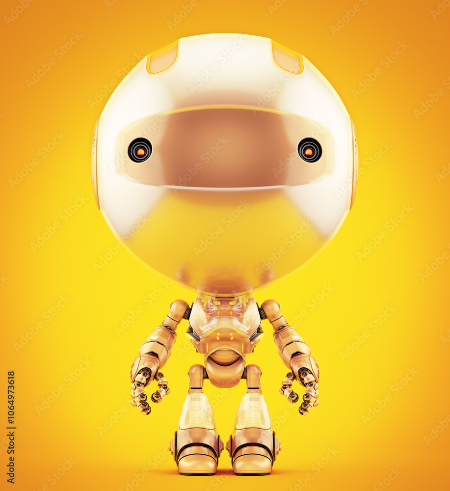 Poster cute futuristic yellow robot with large round head and humanoid features standing on vibrant yellow 