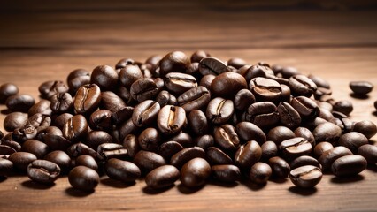 Fototapeta premium A close-up of freshly roasted coffee beans arranged in a pile, showcasing their rich color and texture, perfect for coffee lovers and culinary themes