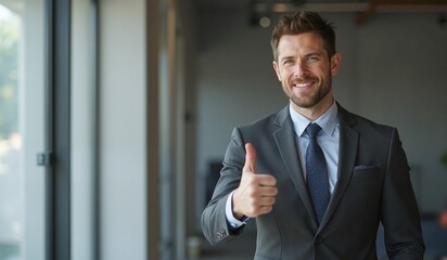 Fototapeta premium Businessman with confident smile giving thumbs up against office window