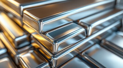 A close-up of polished silver bars stacked neatly, their smooth surfaces reflecting light in a clean, minimalistic setting