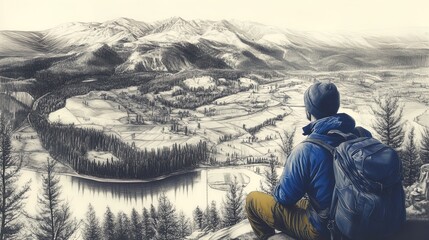Fototapeta premium Captivating Outdoor Escape: A Vibrant Traveler on a Scenic Ledge - Perfect for Adventure-Themed Poster Décor in Sports and Nature Spaces