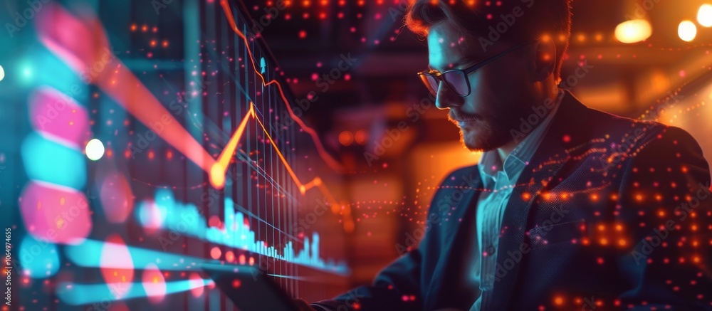 Poster Focused businessman uses futuristic technology for data analysis in hightech environment with digital graphs. Concept innovation, analytics, technologydriven business solutions