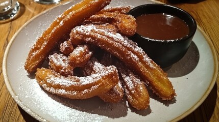 Fototapeta premium Delicious Churros with Chocolate Sauce and Powdered Sugar