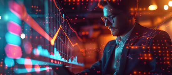 Focused businessman uses futuristic technology for data analysis in hightech environment with digital graphs. Concept innovation, analytics, technologydriven business solutions