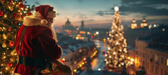 Fototapeta premium Jolly Santa on the roof, watching over a festive Christmas tree.