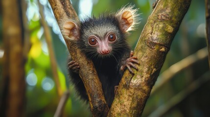 Fototapeta premium A small, furry lemur with large eyes and ears, clinging to a tree branch in a rainforest.