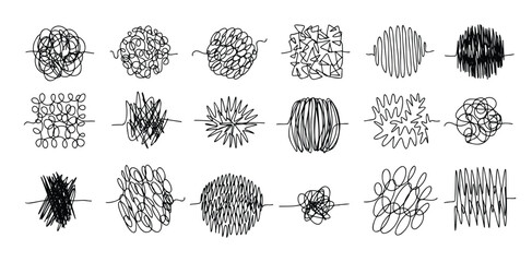 Chaos lines doodle set. Hand drawn tangled clew. Insane scribble lines. confused doodle scribbles.