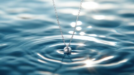 A delicate silver necklace floating just beneath the surface of water, with sunlight casting shimmering patterns on the metal