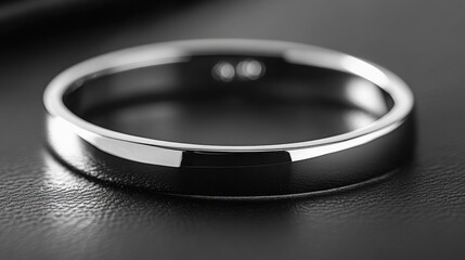 A detailed macro image of a silver cuff bracelet, with light reflecting off its smooth, curved surface, emphasizing the texture