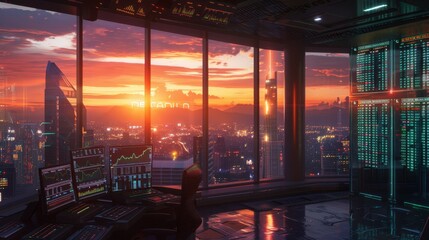 Futuristic control room with holographic crypto tickers overlooking a vibrant sunset cityscape