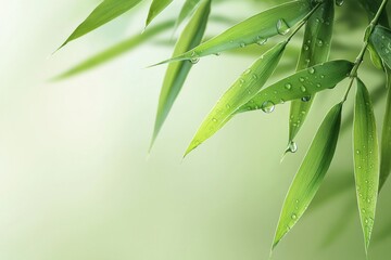 Obraz premium Close-up of fresh green bamboo leaves with water droplets, creating a serene and calming nature backdrop for various projects.
