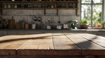 A wooden dining table with a kitchen in the background