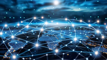 Light blue background with digital world map and global connections for business connectivity