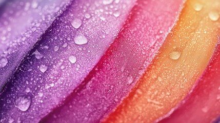 Close-up of vibrant, wet colored surfaces with droplets, showcasing a beautiful gradient from purple to orange.