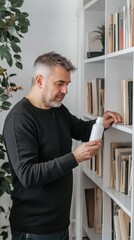 Fototapeta premium A man is tidying his study while holding an air freshener and adjusting books on the shelf
