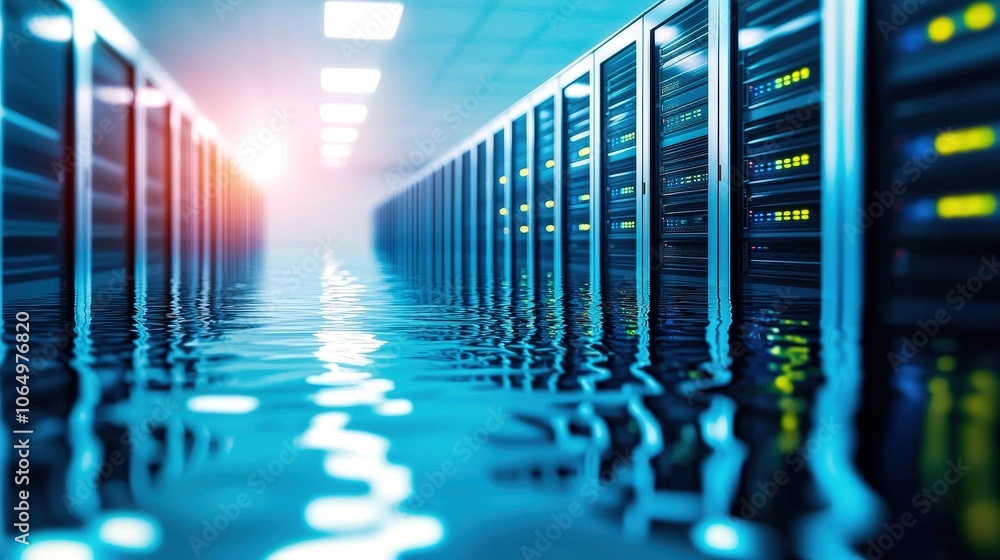 Poster a flooded data center with server racks illuminated by dramatic lighting.