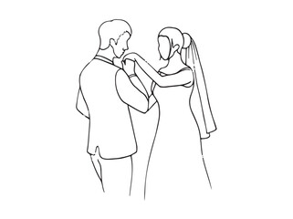 Couple kisses the bride's hand, they are happy and look at each other - a hand drawn drawing of the newlyweds. wedding illustration of bride and groom
