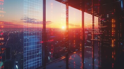 Futuristic control room with holographic crypto tickers overlooking a vibrant sunset cityscape