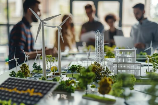 A professional team is working together on a project focusing on renewable energy solutions. The project includes wind turbines, solar panels, and details of sustainable architecture