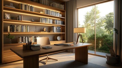 A well-lit home office with a modern teak desk