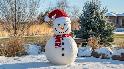 Obraz premium Snowman with Scarf and Santa Hat in Snowy Neighborhood