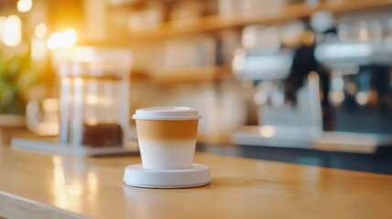 Fototapeta premium Invigorating morning coffee, aromatic brew in a cozy cafe setting, warm cup on wooden table
