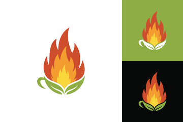 Coffee cup with hot drink leaf motif fire logo design