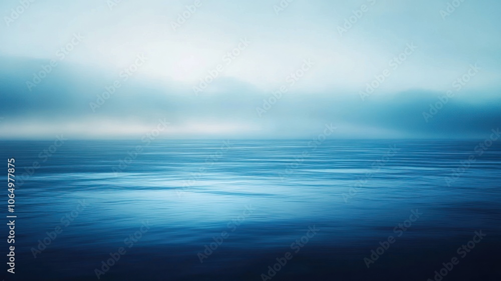 Poster a serene ocean scene with soft blue tones and mist creating a tranquil atmosphere.