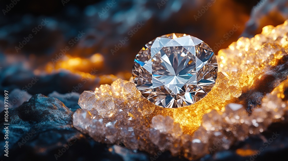 Aufkleber a macro shot of a diamond surrounded by intricate crystal formations, capturing the interplay of lig