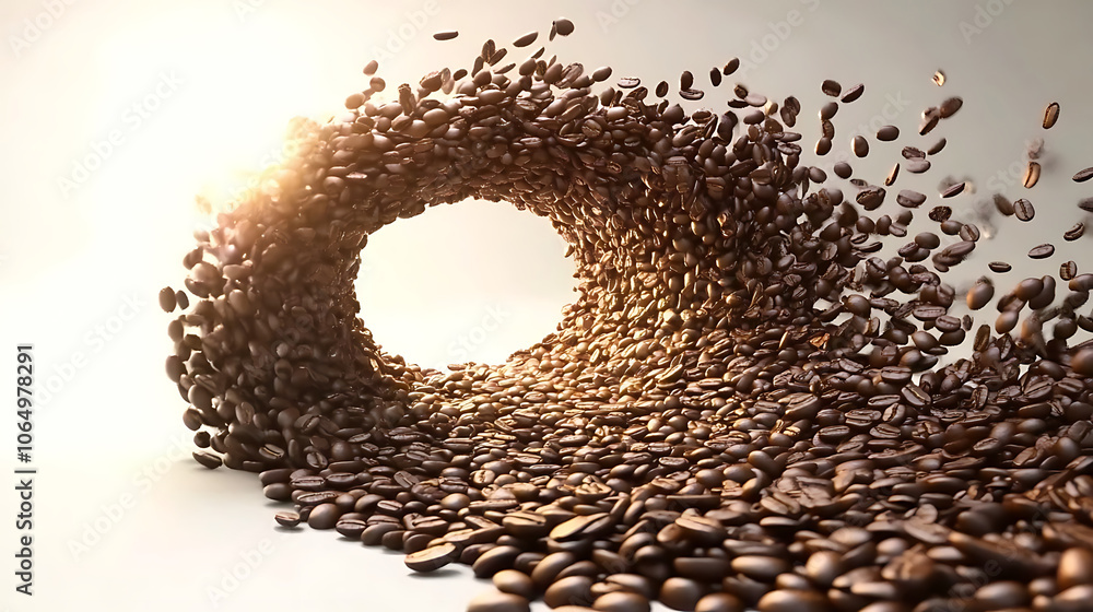 Poster circular tidal wave of coffee beans flows gracefully, illuminated by golden hour light, creating dyn
