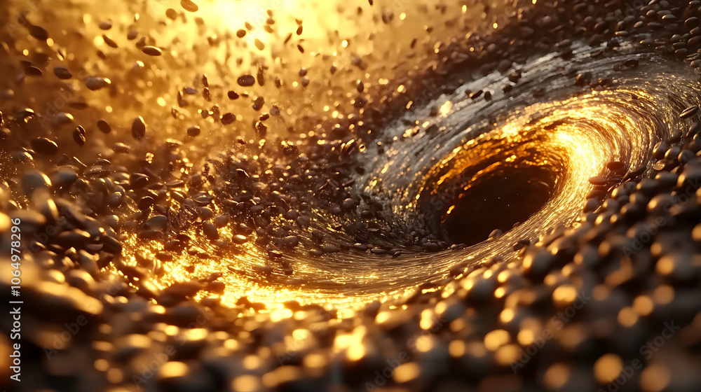 Poster mesmerizing circular tidal wave of coffee beans swirling in golden light creates captivating visual.
