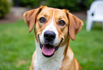A cheerful dog outdoors on a sunny day