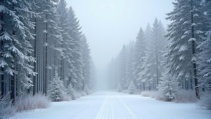 Obraz premium Snow-covered pine trees line a path through a serene, misty winter forest, creating a tranquil and picturesque scene. Generative, AI,