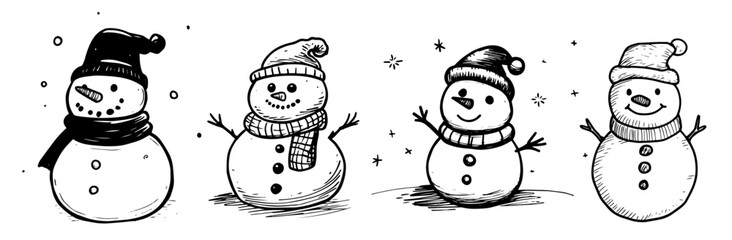 Collection of adorable holiday snowmen with festive expressions – black vector