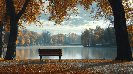 A park bench beneath tall trees in full autumn colors, overlooking a calm lake with fallen leaves scattered around the area, creating a peaceful scene 