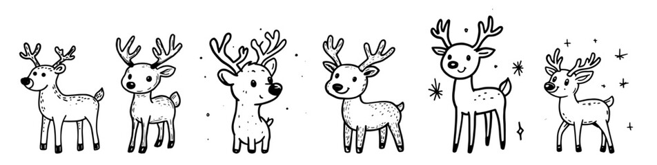 Hand-drawn christmas reindeer characters in whimsical style – black vector