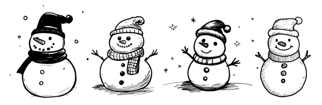 Collection of adorable holiday snowmen with festive expressions – black vector