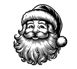 iconic Santa Claus with a jolly expression, designed in a charming hand-drawn style for festive themes black vector