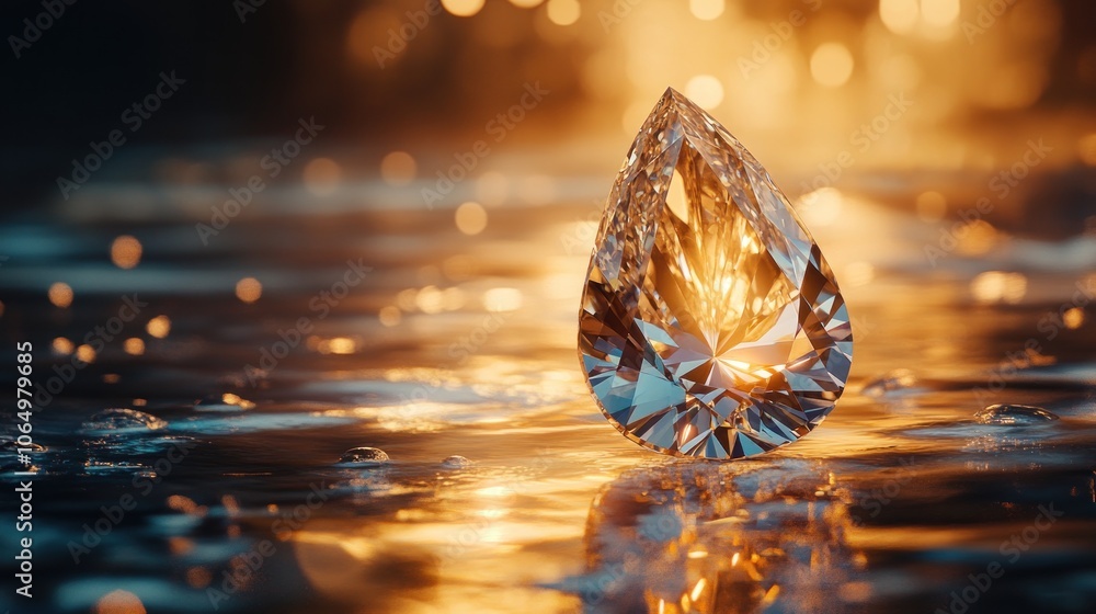Poster a pear-shaped diamond illuminated from the side, creating dramatic reflections on the polished backg