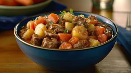 Delicious Beef Stew in a Blue Bowl