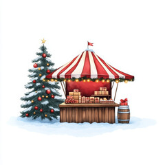 Obraz premium Festive Christmas market stall with gifts, decorated tree, and snow. cheerful scene capturing holiday spirit with vibrant colors and cozy atmosphere