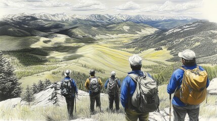 Epic Mountain Adventure: Hikers at the Peak Enjoying Breathtaking Views - Perfect for a Sports Interior Poster!