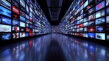 A long hallway lined with screens displaying a variety of content, including news, entertainment, and sports.