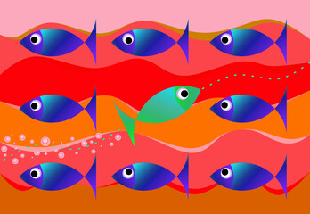 Obraz premium Swimmming against the tide or standing out from the crowd - concept image with fish goes in the opposite direction to the group