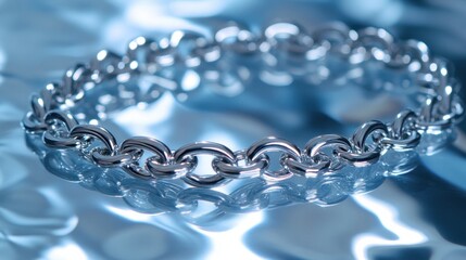 A silver chain bracelet draped gracefully over a reflective glass surface, with light creating intricate reflections on the metal