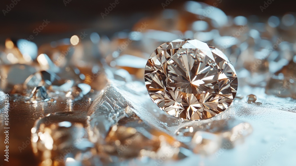 Poster a single diamond resting on a glass surface, surrounded by sharp reflections that amplify its brilli